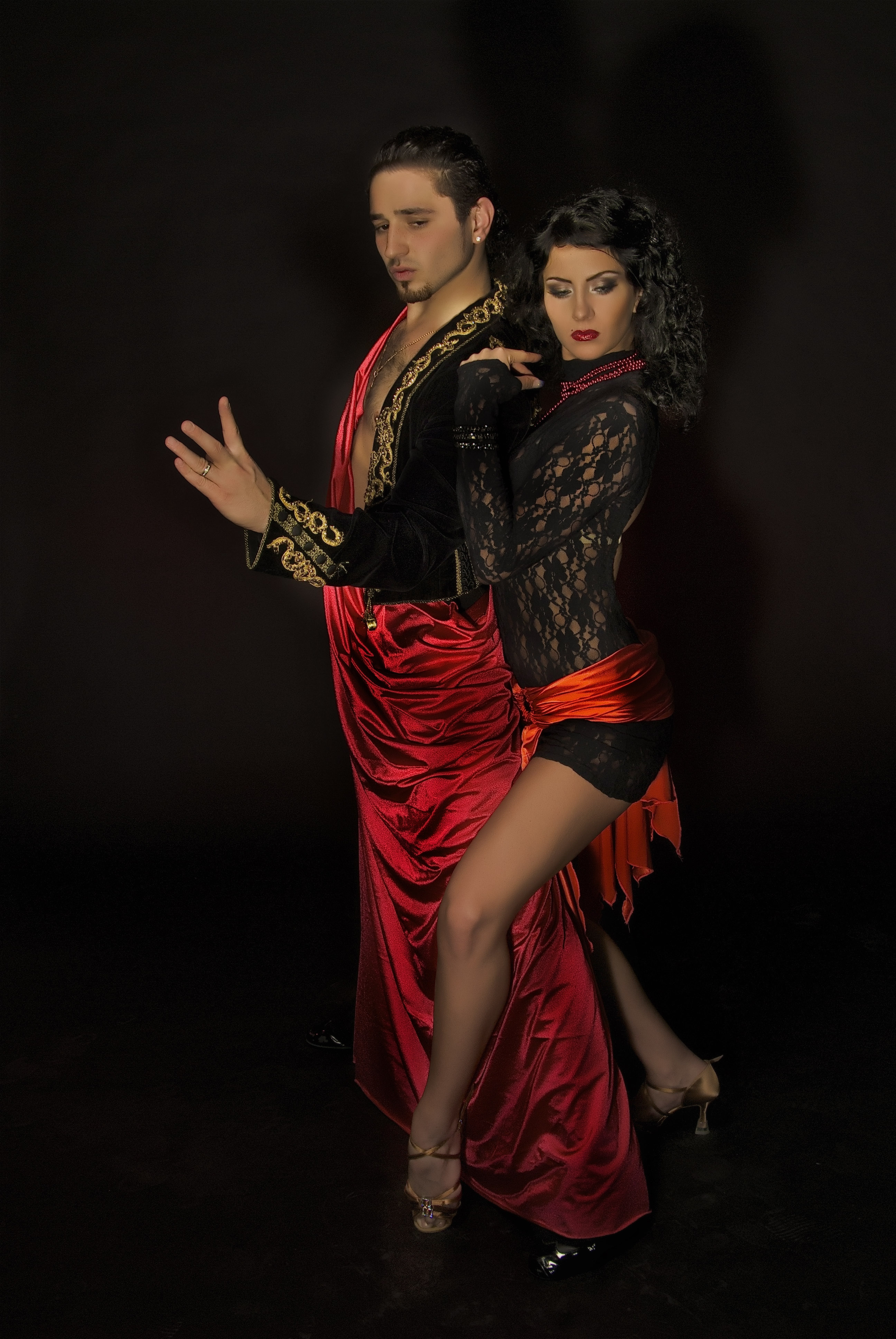 Elena & Gene, draped in red hot satin