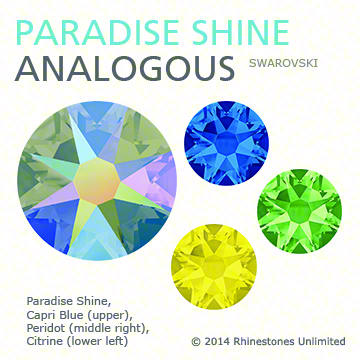 Swarovski Crystal Paradise Shine with Capri Blue, Peridot and Citrine in an analogous color story