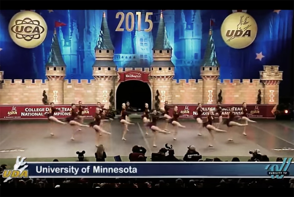 University of Minnesota Dance Team performing their jazz routine at the 2015 UCA & UDA College Cheer & Dance Team National Championships.