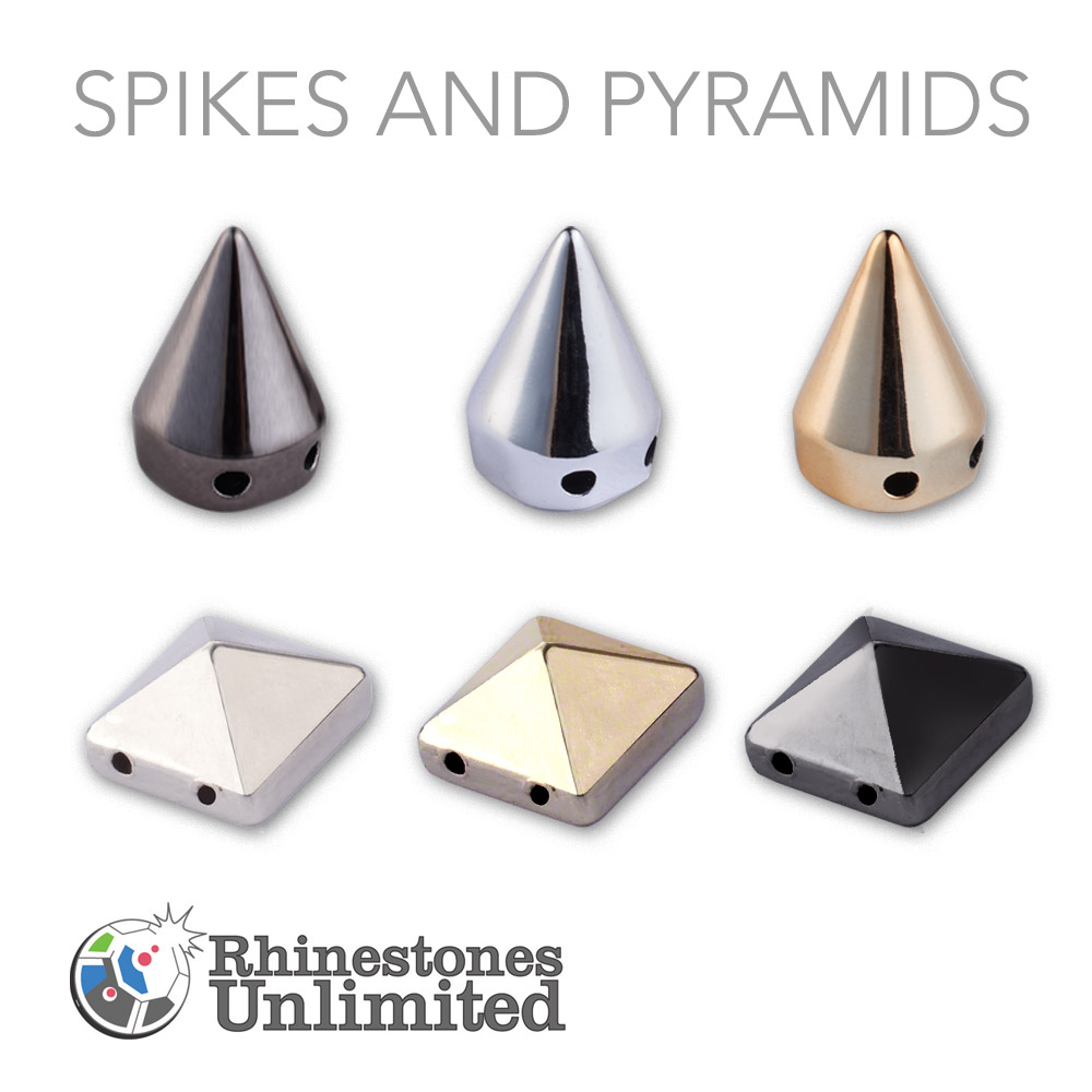 Lightweight spikes and pyramids, made of metallic acrylic, can be applied by gluing, sewing or stringing together.