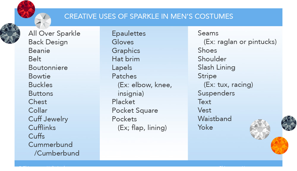 List of creative places on men's costumes to add sparkle in sequins, rhinestones or crystal embellishments