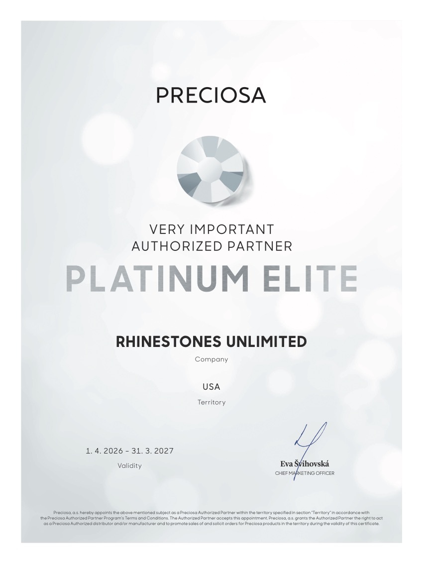 Rhinestones Unlimited Preciosa Platinum Elite Partner Certificate FY27