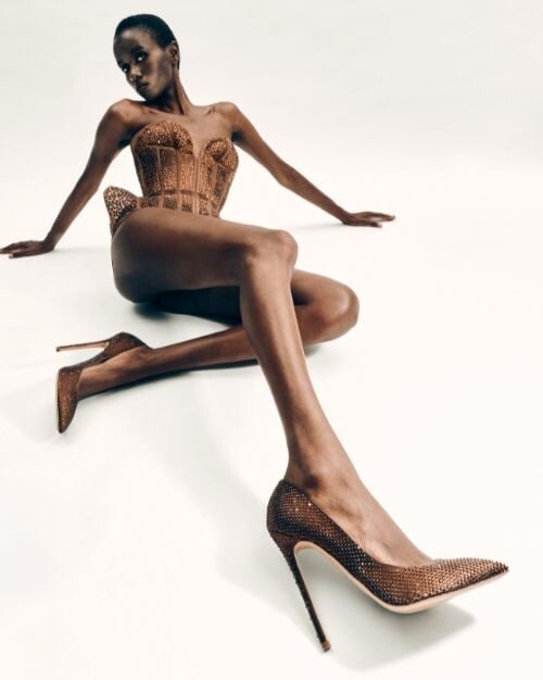 Model in Preciosa Chocolate crystal corset and heels, Body Architecture editorial