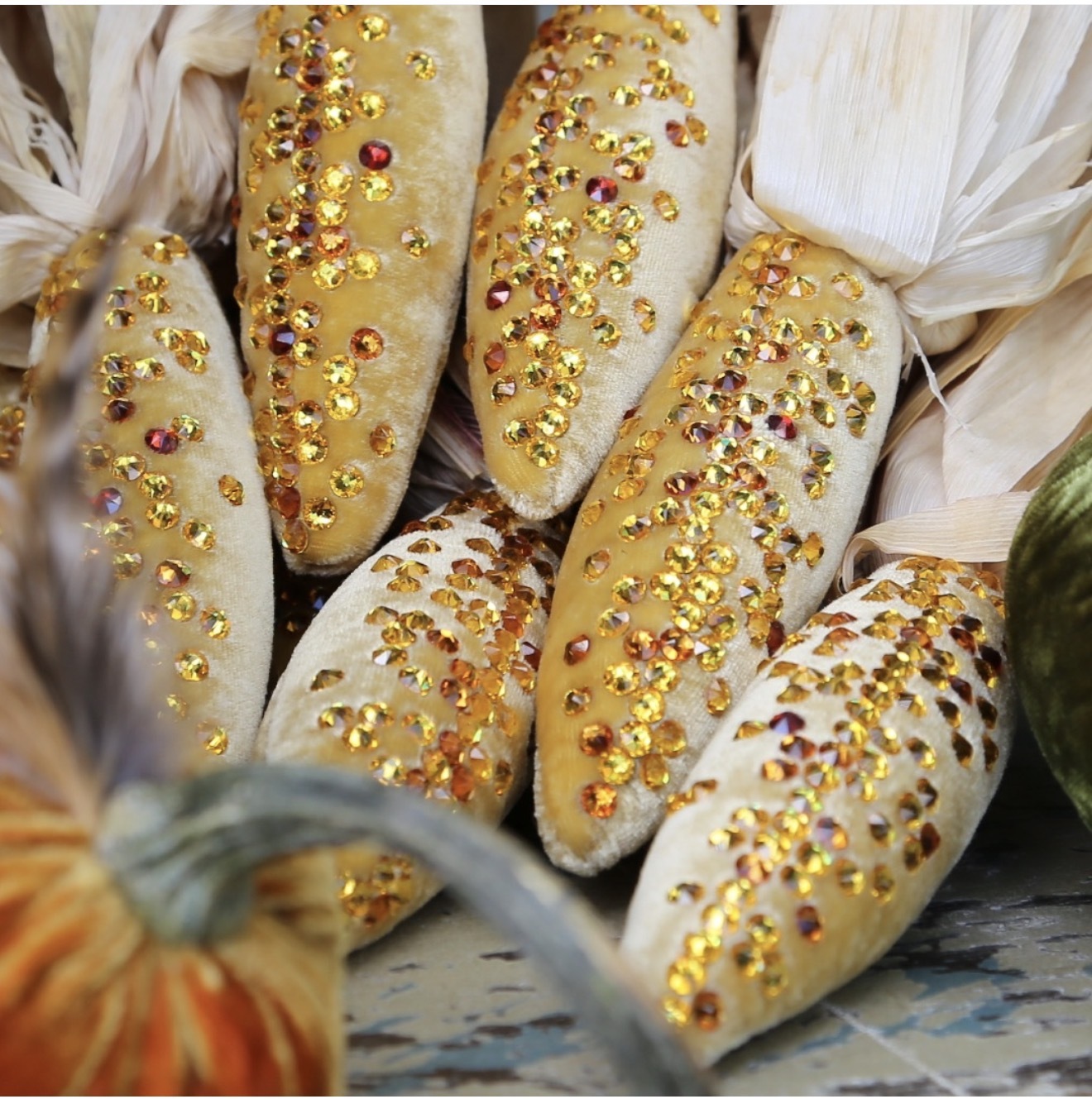 Velvet decorative corn embellished with gold and amber crystals