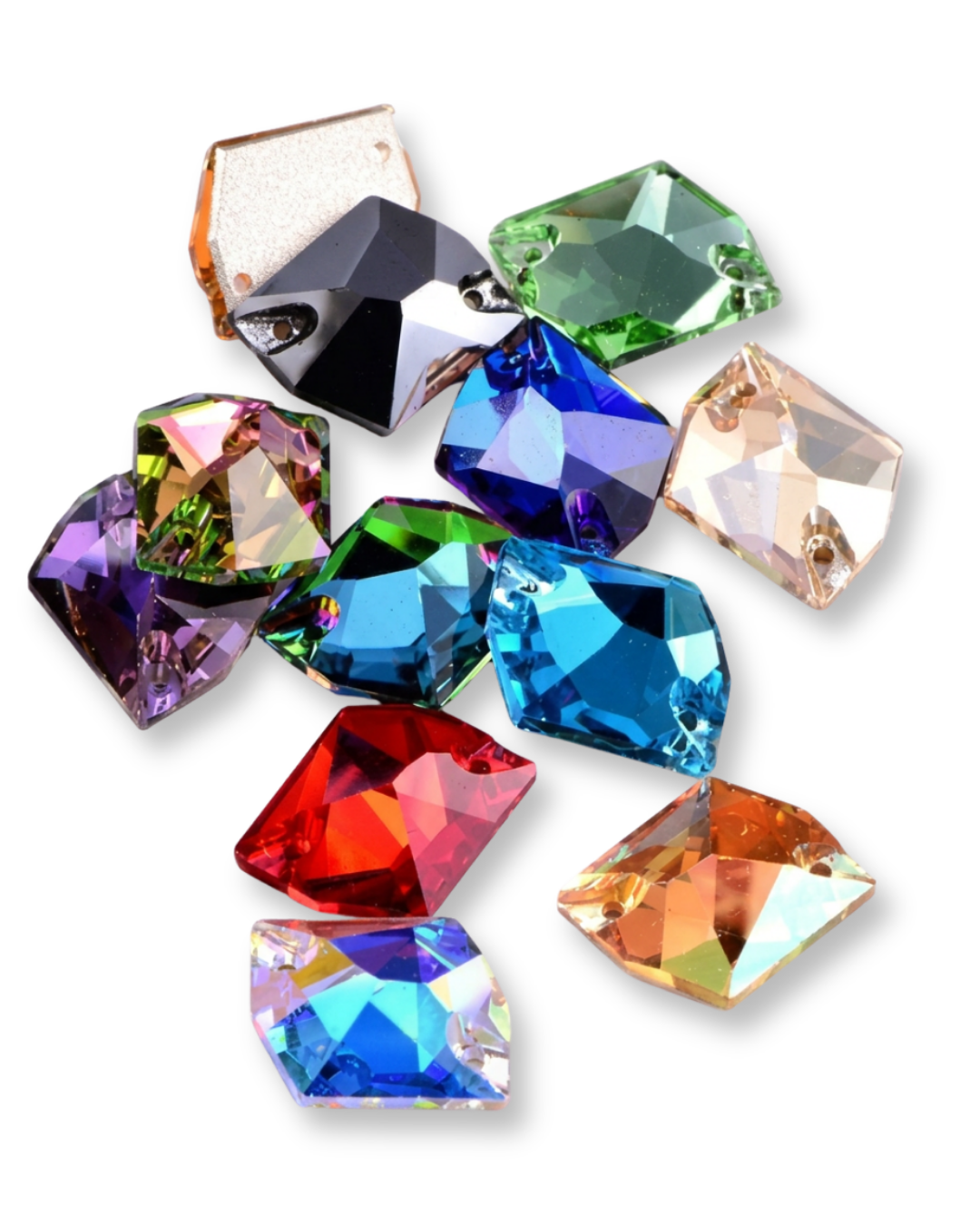 Assorted cosmic sew-on stones in AB, jewel tones, and gold
