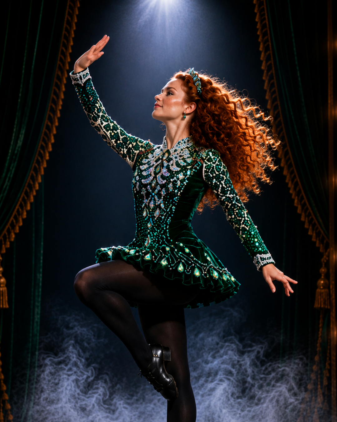 Irish dancer in a green sew-on-stoned dress with one arm raised