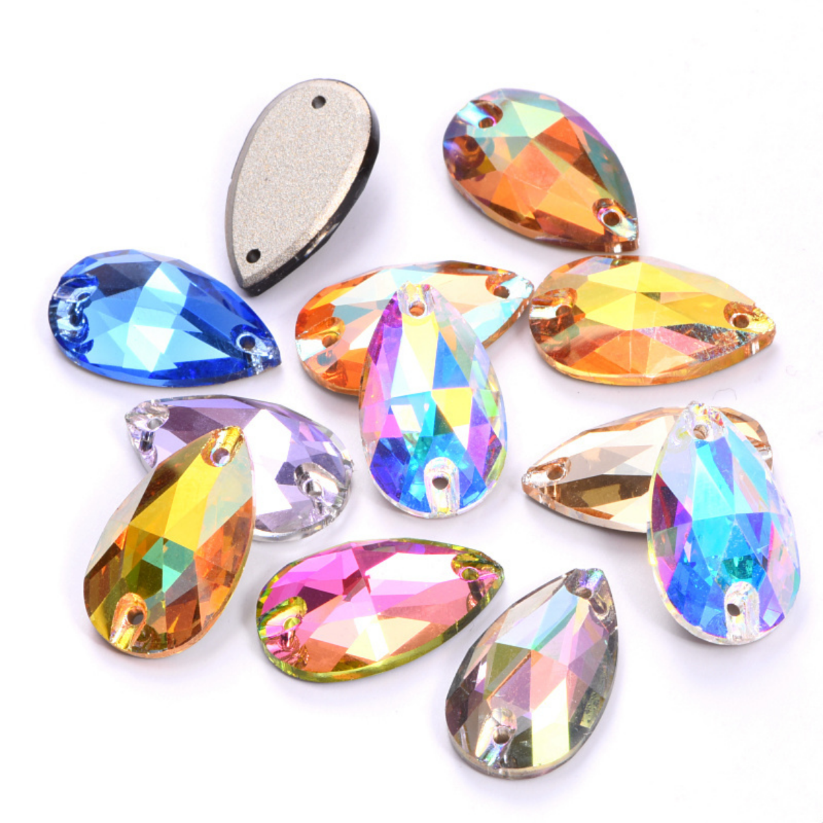 Peardrop sew-on stones in Crystal AB and assorted colors